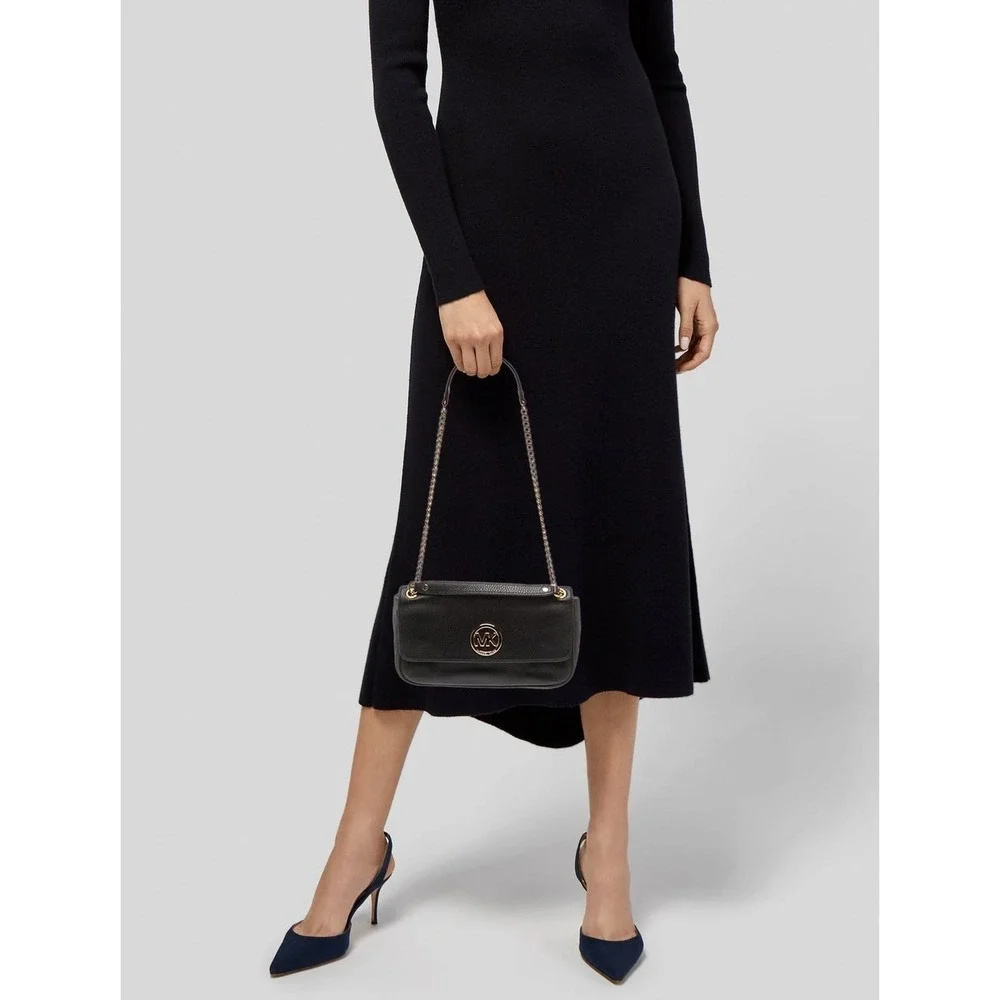 Michael Kors Fulton Flap Black Leather Shoulder Bag Pebbled Gold Chain Strap